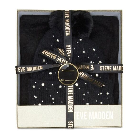 Steve Madden Women’s Embellished Beanie & Scarf Gift Set — Black — New in Box